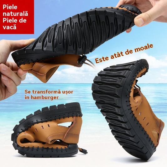 🌟 【39-44】Sandale de plajă bărbătești din piele naturală, cu vârful închis și gol, de vară👞✨