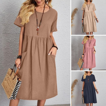 🔥👗【S~5XL】Rochie nouă de vară cu mâneci scurte și decolteu rotund din bumbac și in pentru anul 2025, confortabilă și vaporoasă