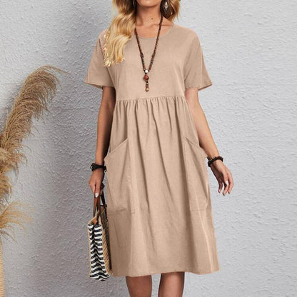 🔥👗【S~5XL】Rochie nouă de vară cu mâneci scurte și decolteu rotund din bumbac și in pentru anul 2025, confortabilă și vaporoasă