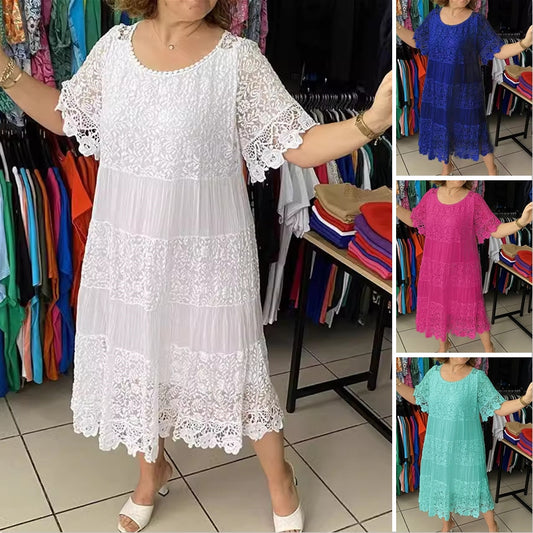✨✨[S-5XL] Rochie elegantă din dantelă, cu decolteu rotund și mânecă scurtă